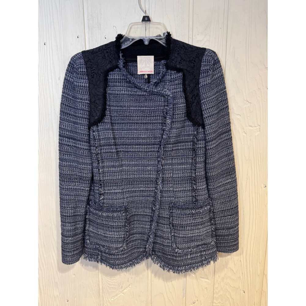Rebecca Taylor Blue Tweed Blazer Jacket with Black Lace Trim Size 4
